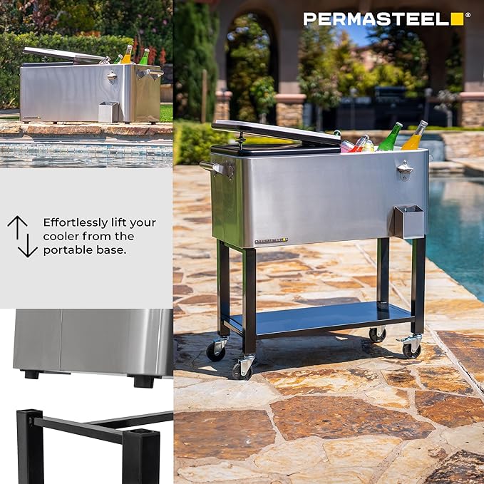 Permasteel 80-Qt Outdoor Patio Cooler with Removable Basin, Outside Beverage Cooler Cart, Rolling Cooler with Wheels and Handles, Stainless Steel