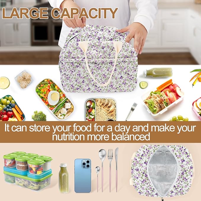 Cotton Quilted Insulated Lunch Bag, Cute Quilted Floral Lunch Tote Bags Reusable Insulated Lunch Box Coquette Aesthetic Large Capacity Insulated Cooler for Women Men Work Travel Picnic (Purple)