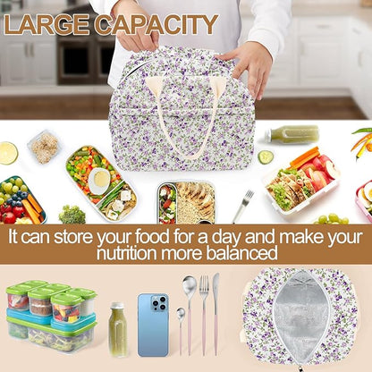 Cotton Quilted Insulated Lunch Bag, Cute Quilted Floral Lunch Tote Bags Reusable Insulated Lunch Box Coquette Aesthetic Large Capacity Insulated Cooler for Women Men Work Travel Picnic (Purple)