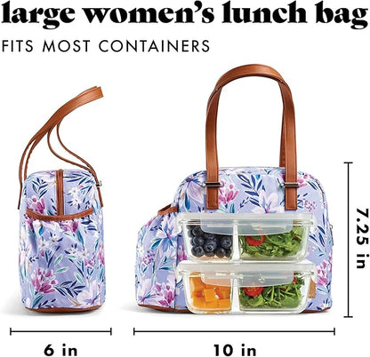Fit & Fresh Lunch Bag For Women, Insulated Womens Lunch Bag For Work, Leakproof & Stain-Resistant Large Lunch Box For Women With Bottle Pocket, Long Straps, Zipper Closure Laketown Bag Floral Lilac
