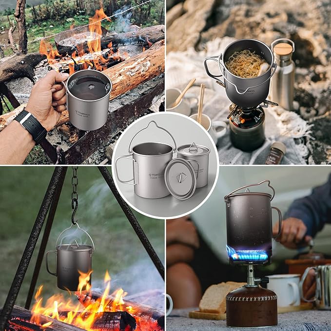 TOMSHOO Camping Titanium Pot Outdoor Titanium Mug with Lid Camping Coffee Cup with Foldable Handle for Camping Hiking Travelling Backpacking Camping Open Fire