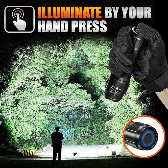 2 Pack LED Flashlights High Lumens with 6 AAA Batteries, 5 Modes Mini Waterproof Tactical Flashlight for Camping Hiking, Bright Flashlight with Zoomable, Fathers Day Dad Gifts for Him, Black & Purple
