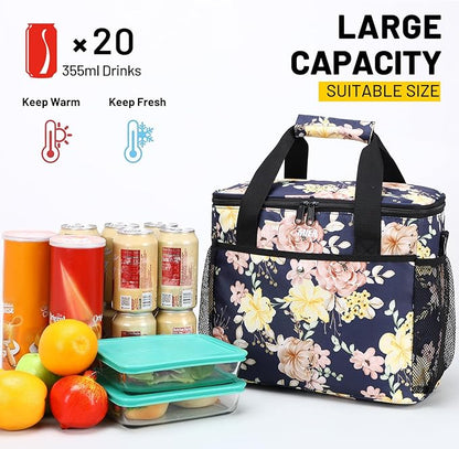 MIER 18L Large Soft Cooler Insulated Picnic Bag for Grocery, Camping, Car, Navy with Flower
