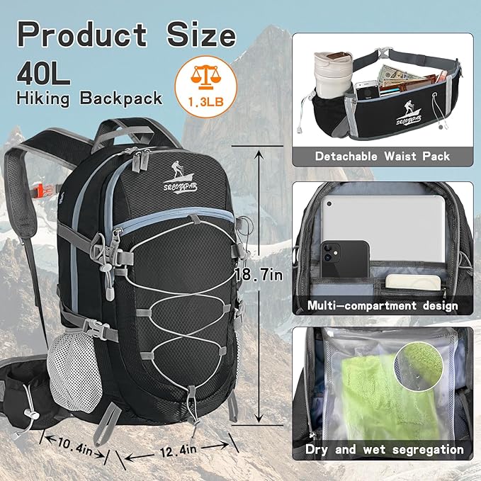 Hiking Backpack Packable 40L Foldable - Lightweight Camping Travel Daypacks Water-resistant Backpacks Outdoor Sports for Men Women (Black)