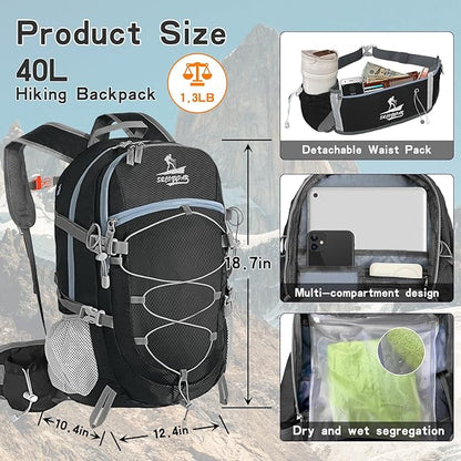 Hiking Backpack Packable 40L Foldable - Lightweight Camping Travel Daypacks Water-resistant Backpacks Outdoor Sports for Men Women (Black)
