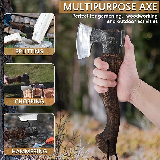 11.6" Hatchet, Camping Axe, Hand Forged Axe with Sheath, Bushcraft Axe with 1065 Carbon Steel and Beech Handle for Wood Splitting and Chopping Gardening