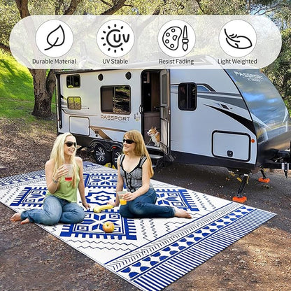 Waterproof Outdoor Rug 5x8ft, Boho Reversible Plastic Straw Mat for Patio RV Deck Porch Backyard Balcony Camping Picnic Beach Indoor Outdoor Carpet, Blue&White