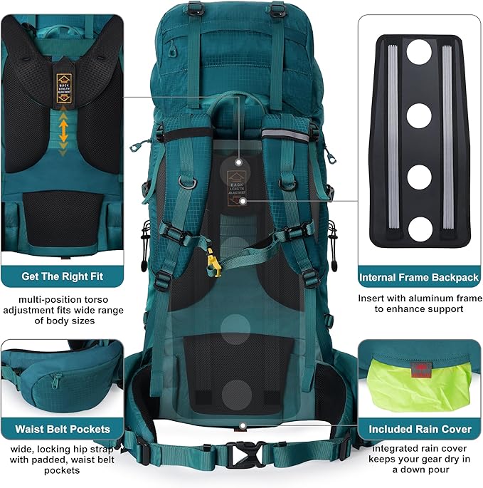 N NEVO RHINO Internal Frame Hiking Backpack 50/60/65/70/80L, Mountain Climbing Camping Backpack Daypack Waterproof Rain Cover