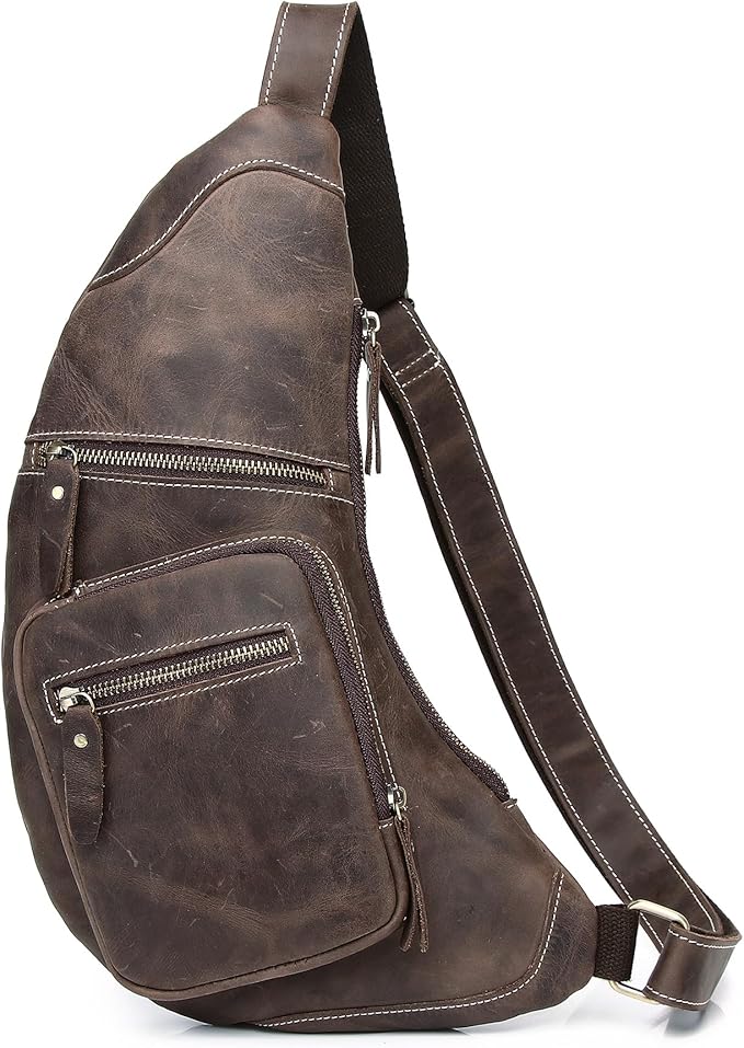 KPYWZER Full Grain Genuine Leather Sling Bag for Men Women Shoulder Backpack Satchel Crossbody Chest Casual Outdoor Daypack Deep Brown