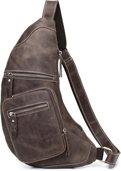 KPYWZER Full Grain Genuine Leather Sling Bag for Men Women Shoulder Backpack Satchel Crossbody Chest Casual Outdoor Daypack Deep Brown