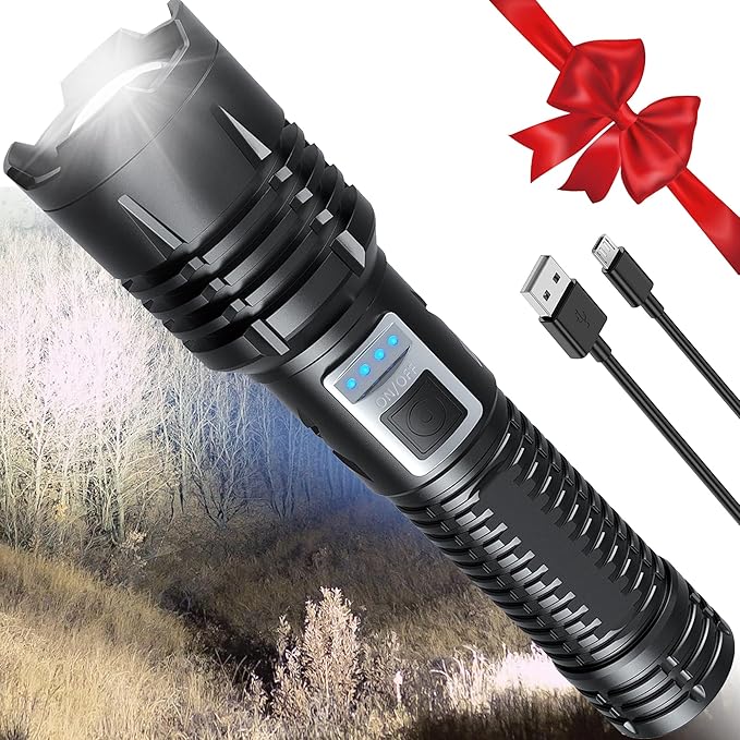 Rechargeable LED Flashlights high lumens,100000 Lumens Super Bright Tactical Flashlights,Waterproof Handheld Flashlight with 5 Mode,Built-in Battery,Zoomable for Emergencies Camping