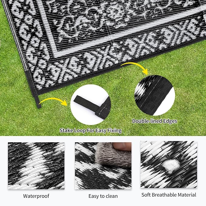 Outdoor Patio Plastic Straw Rug - 6'x9' Outdoor Camping Rug Waterproof Reversible, Area Carpet Patios Clearance RV, Outside Porch Balcony Deck for Camper, Classic Black & White