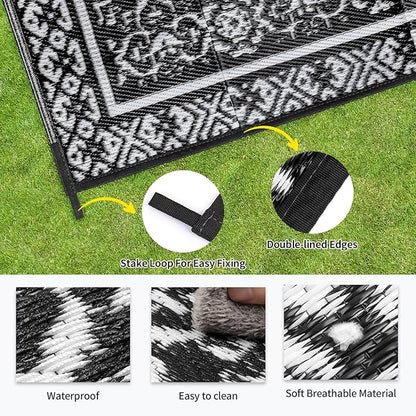 Outdoor Patio Plastic Straw Rug - 6'x9' Outdoor Camping Rug Waterproof Reversible, Area Carpet Patios Clearance RV, Outside Porch Balcony Deck for Camper, Classic Black & White