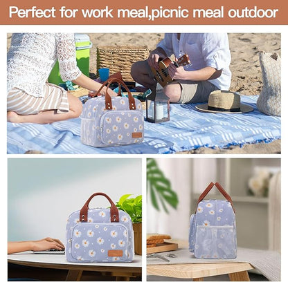Lunch Bag Women,Insulated Lunch Box Lunch Bag for Women Men Work Adult Cute Small Lunch Tote Bag, Large Capacity Reusable Cooler Containers for Travel Picnic Office or Beach(Blue Daisy)