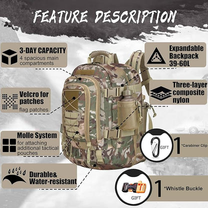 Expandable 40-64L Military Tactical Backpack 3 Day Bag Hiking Gym Sport Camping