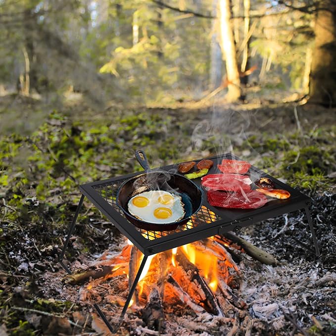 REDCAMP Folding Campfire Grill Heavy Duty Steel Grate, Portable Camp Fire Cooking Racks and Griddle for Outdoor Versatile Campfire Cooking