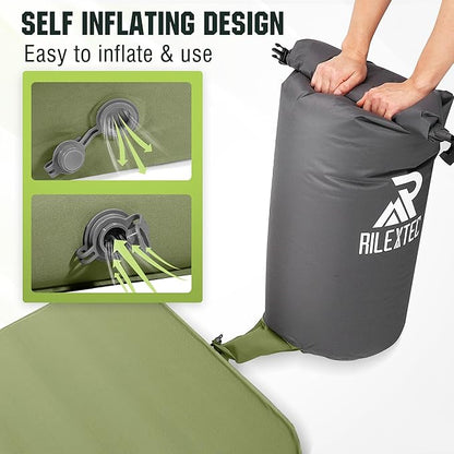 Riextec Self Inflating Sleeping Pad, Camping Mattress with Pump Sack, Memory Foam Camping Pad for Sleeping, 4” Thickness Sleeping Mat for Camping/Travel/Car/Tent, 4 Season Camp Air Mattress,Single