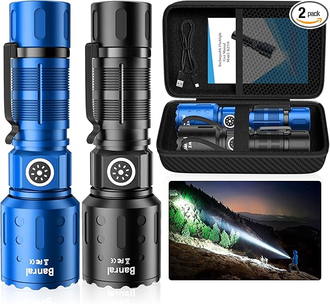 Rechargeable Flashlights 20,000 High Lumens, 1500M Long Throw Super Bright LED Small Powerful Flashlight with Memory Function, 6Modes Pocket Waterproof Flash Light for Camping,Hiking (2, Black/Blue)