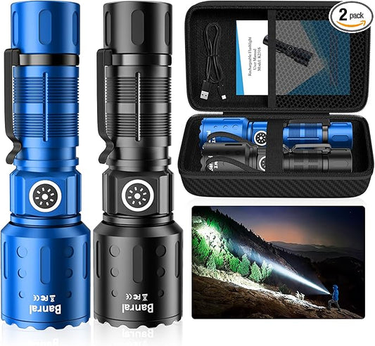 Rechargeable Flashlights 20,000 High Lumens, 1500M Long Throw Super Bright LED Small Powerful Flashlight with Memory Function, 6Modes Pocket Waterproof Flash Light for Camping,Hiking (2, Black/Blue)
