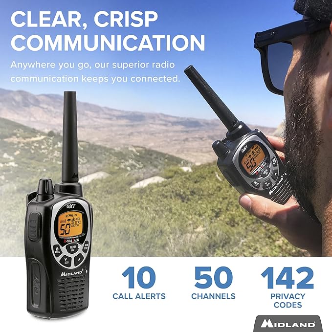 Midland® - GXT1000AZ - 50 Channel GMRS Two-Way Radio - Long Range Walkie Talkie with 142 Privacy Codes, SOS Siren, and NOAA Weather Alerts and Weather Scan (Black/Silver, Single Pack)