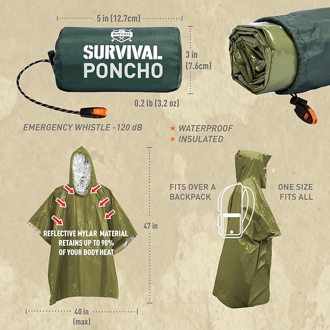 Emergency Survival Poncho. 2 Thermal Mylar Space Blanket Rain Ponchos. Camping Accessories, Outdoor Survival Gear.