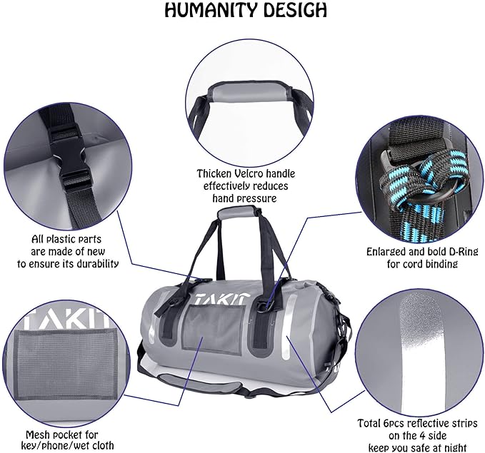 Waterproof Duffle Bag Travel Dry Bag 500D PVC for Motorcycle Tail Kayaking Rafting Boating Swimming Camping Hiking Beach Fishing (Grey, 60L)
