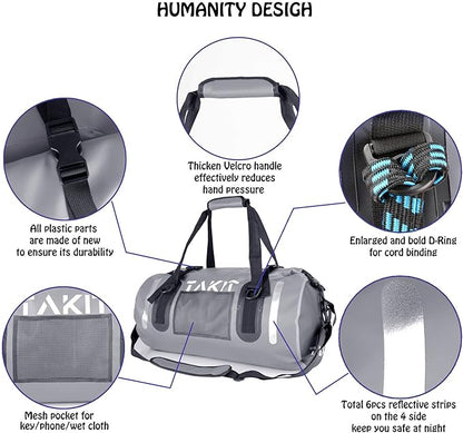 Waterproof Duffle Bag Travel Dry Bag 500D PVC for Motorcycle Tail Kayaking Rafting Boating Swimming Camping Hiking Beach Fishing (Grey, 60L)