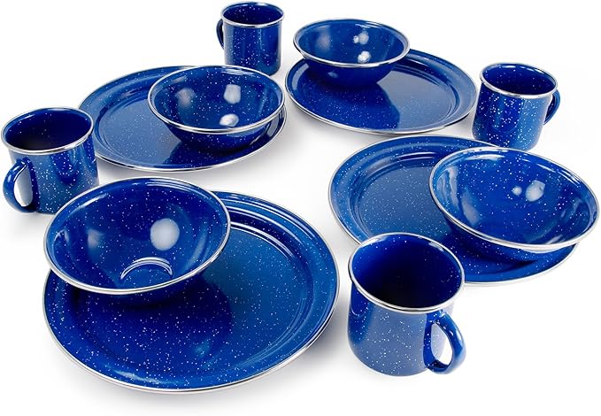 GSI Outdoors Camp Table Set for 4 I Includes Enamel Pioneer Plates, Bowls, & Coffee Mugs for Camping, Outdoors, RV