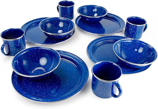 GSI Outdoors Camp Table Set for 4 I Includes Enamel Pioneer Plates, Bowls, & Coffee Mugs for Camping, Outdoors, RV