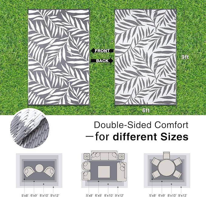 OLANLY Waterproof Outdoor Rug 6x9 ft, Reversible Outdoor Plastic Straw Rug with Leaf Pattern, RV Mat, Indoor Outdoor Carpet for Patio, Camping, Balcony, Deck, Backyard, Grey & White