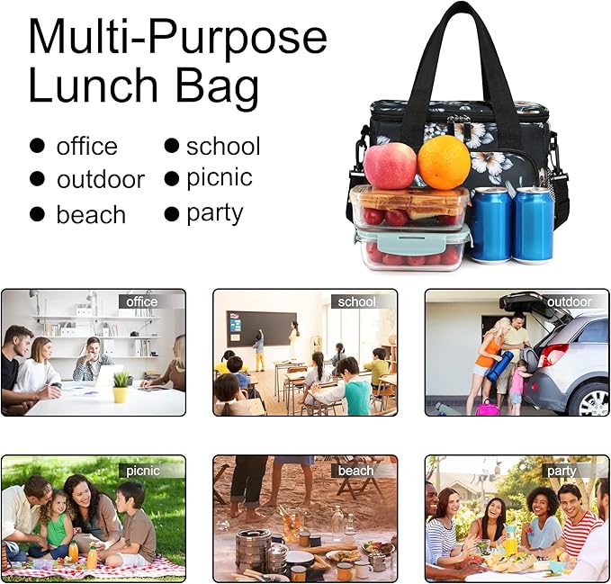 Femuar Lunch Bags for Women/Men, Insulated Lunch Bag for Work Office Picnic - Lunch Cooler Bag Leakproof Lunch Box with Adjustable Shoulder Strap - Hibiscus