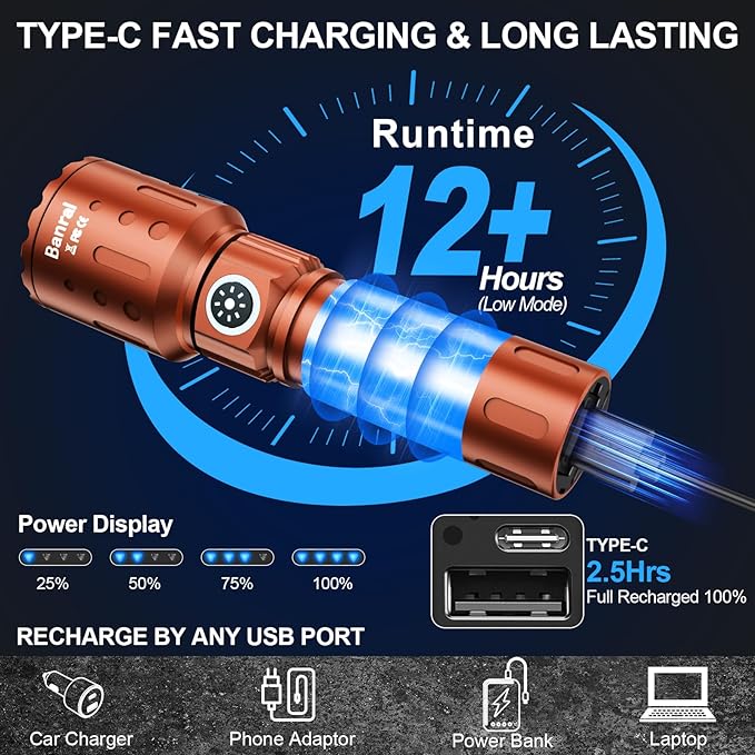 Flashlights High Lumens Rechargeable, 20,000 Lumens Super Bright 1500 Meters Long Range Small Powerful Flashlight, 6 Modes LED Tactical Pocket Waterproof Flash Light for Home Emergency (2, Brown)