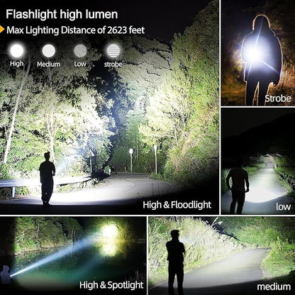 Flashlights High Lumens Rechargeable,Super Bright Tactical Flashlight with LCD Digital Display, 4 Modes Zoom Waterproof Powerful High Powered LED Flashlight for Emergencies Power Outage, Camping