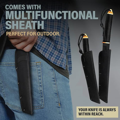 Tanto Camping Knife with Sheath - 3+ Colors - 5,9" Fixed Full Tang Mirror Polished Blade - Cool Survival Knives with Black Paracord Handle - Tactical Work Knives for Hunting Hiking EDC 2307 Black