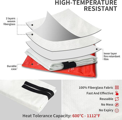 2 x Emergency Fire Blanket for Home and Kitchen (40"x40") with Hooks & Gloves - Reusable Fire Blankets Emergency for Home, Office, Car, Camping, Picnic, School and Warehouse