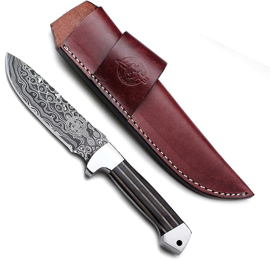 Handmade Damascus Steel Knife for Hunting,Survival,Camping,Bushcraft,and Fishing Fixed Blade with Drop Point-Full Tang Micarta Handle with Cowhide-Leather Sheath - WKD-798