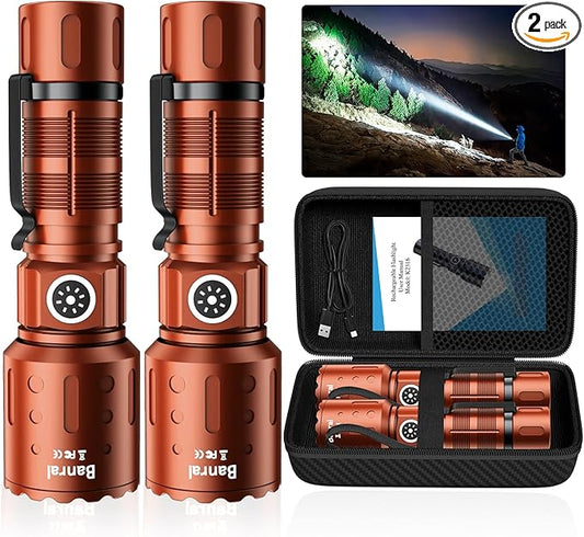 Flashlights High Lumens Rechargeable, 20,000 Lumens Super Bright 1500 Meters Long Range Small Powerful Flashlight, 6 Modes LED Tactical Pocket Waterproof Flash Light for Home Emergency (2, Brown)