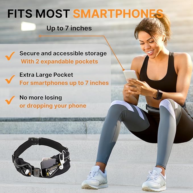 Slim Running Belt for Women and Men, Waterproof Phone Holder for Running, Reflective 2-Pocket Waist Pack for Storing Runner’s Essentials Safely, Runner’s Fanny Pack, Money Belt Fits Most Phones