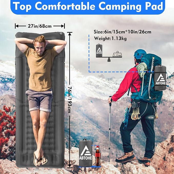 Camping Sleeping Pads，Extra Thick 5 Inch Inflatable Sleeping Mat with Pillow Built-in Pump，Oversized Mattress Super Portable Backpacking Sleeping Pad (Grey-Single)