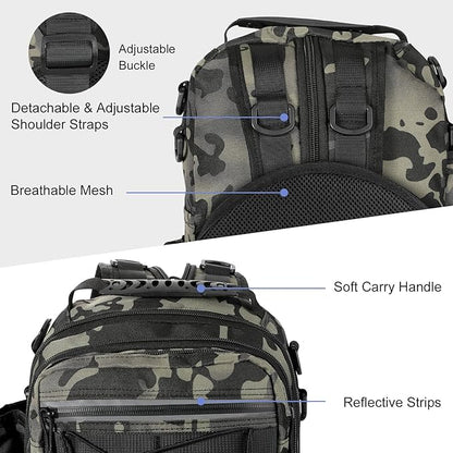 MoKo Fishing Backpack Sling Bag with Rod & Gear Holder, Nylon Waterproof Fishing Tackle Storage Bag for Fishing