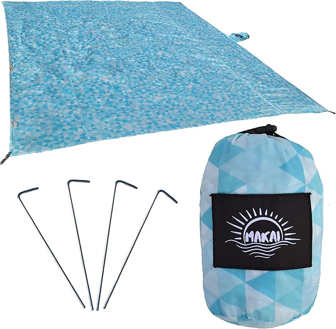 Makai – Lightweight Sheet Style Beach Blanket, Sand Dosen't Stick, Extra Large 8’ x 9’, Compact Strong Parachute Nylon Beach Mat, Stays Cool, Quick Drying, Multifunctional