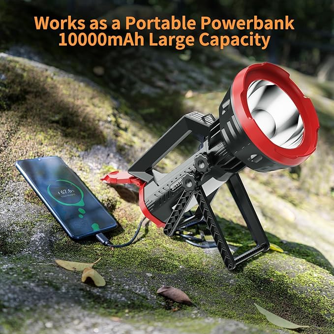 BUYSIGHT Rechargeable Spotlight Flashlight, 1000,000 lumens 600 Yards Range IP65 Waterproof Spot Lights Handheld Large searchlight with red Lens Side Flood Light Light USB C Recharge (Crimson Plus)