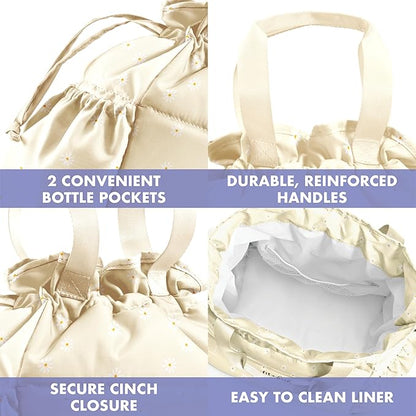 Fit & Fresh Lunch Bag For Women, Insulated Womens Lunch Bag For Work, Stain-Resistant Large Lunch Box For Women With Containers, Cinch Closure Cromwell Bag, Ivory Daisies
