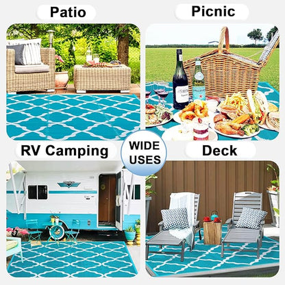 OutdoorLines Outdoor Plastic Area Rugs for Patio 6x9 ft - Reversible Outside Carpet, Stain & UV Resistant RV Mats, Straw Rug for Camping, Deck Garden, Porch and Balcony, Moroccan Teal & Light Grey