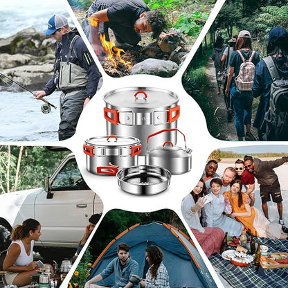 Camping Cookware Set,Camping Cooking Set,304 Stainless Steel Camping Pots and Pans Set,Camping Gear for Hiking Outdoor Cooking Picnics for 2-4 People