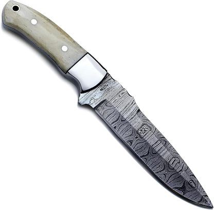 Handmade Damascus Steel Knife Bowie for Hunting,Survival,Camping,Bushcraft,Fixed Blade Dagger with Drop Point Full Tang Micarta Handle, Leather Sheath - WKD-781