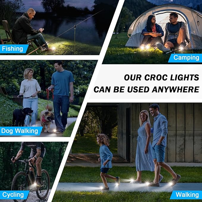 Croc Lights for Shoes Rechargeable, 2Pcs Adjustable and Waterproof Croc Headlights for Adult Shoes, 4 Light Modes, Croc Accessories are Great for Walking Dogs, Camping, and Giving Gifts