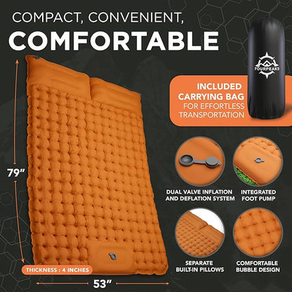 Double Sleeping Pad for Camping - Self Inflating Mattress for 2 Person with Built-in Foot Pump, Pillows & Carrying Bag - Lightweight Mattress for Camping Hiking, Backpacking and More