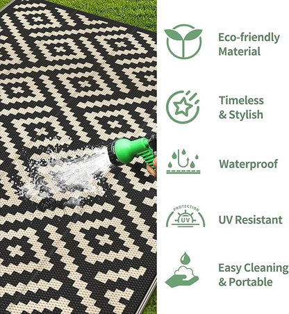 GENIMO Outdoor Rug 3'x5' Waterproof, Reversible Camping Mat, Plastic Straw Rugs for Patio, RV, Camper, Balcony, Backyard, Picnic, Deck (Black & Beige)