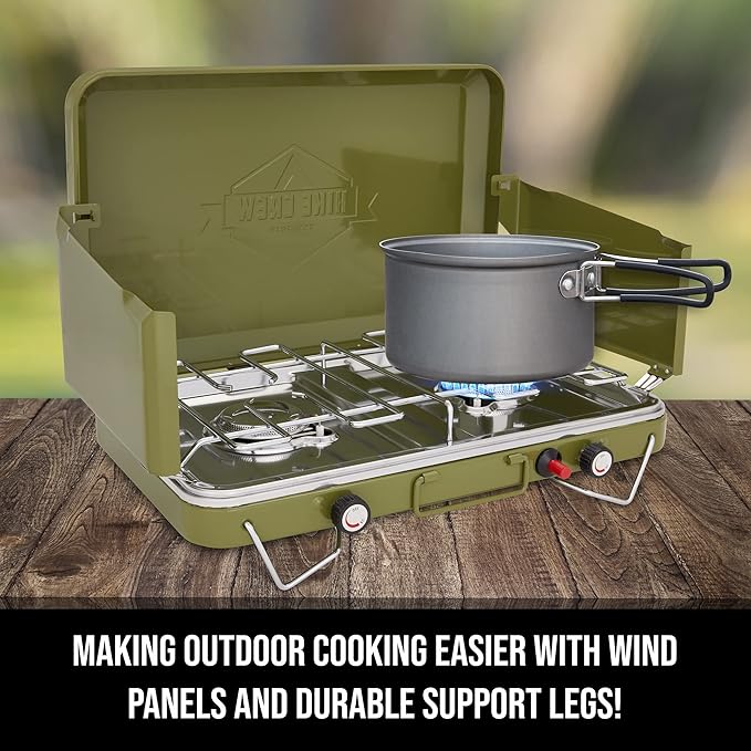 Hike Crew Gas Camping Stove | 20,000 BTU Portable Propane 2 Burner Stovetop | Integrated Igniter & Stainless Steel Drip Tray | Built-in Carrying Handle, Foldable Legs, Wind Panels | Includes Regulator